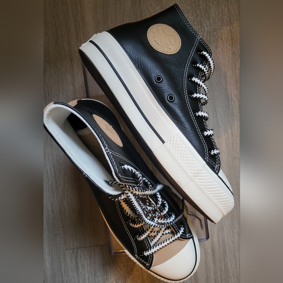 Converse Custom One Inch Platform Black and Tan Leather Hightop Sneakers - Picture 1 of 16
